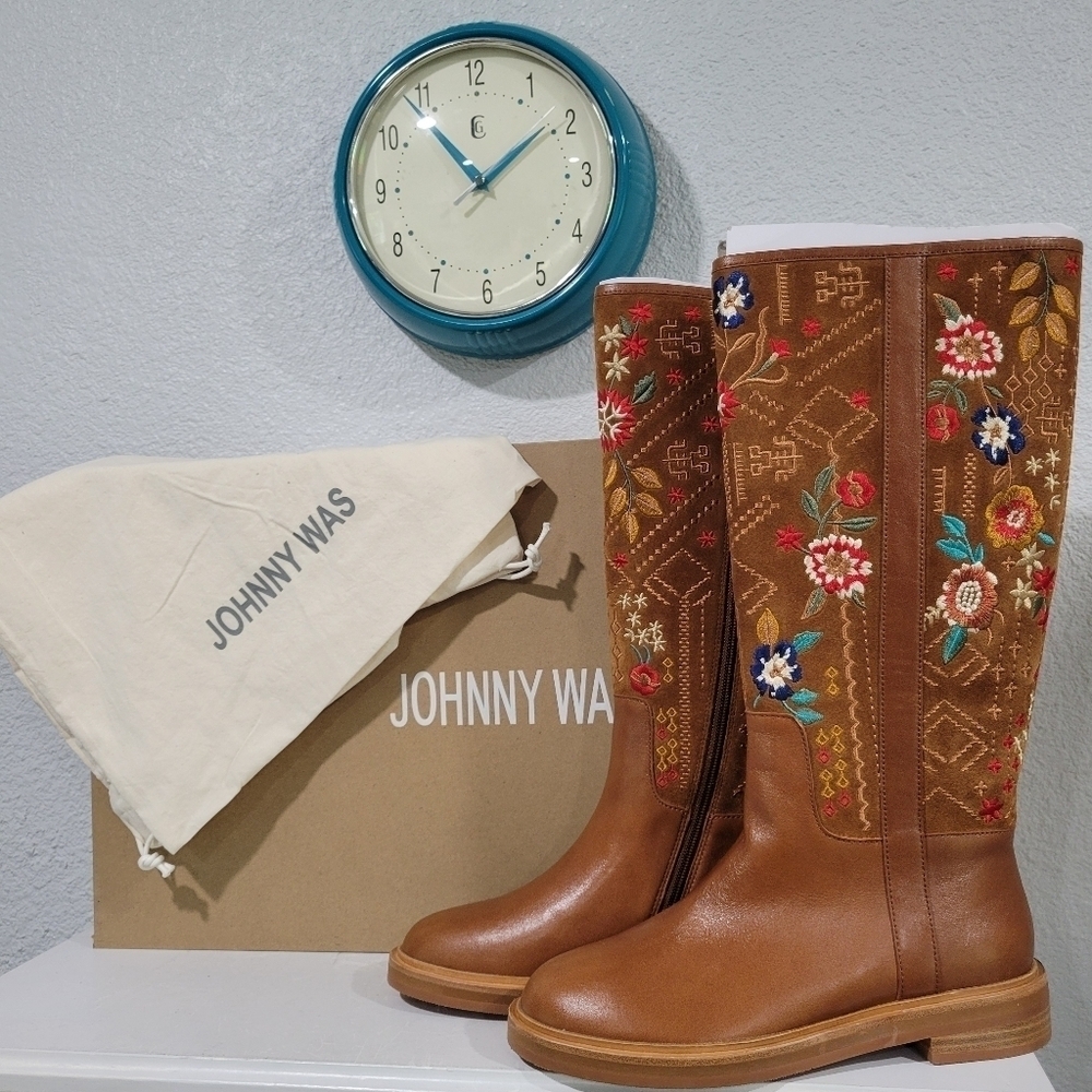 Johnny Was Olivia Tall Boot Embroidered Leather Size 7